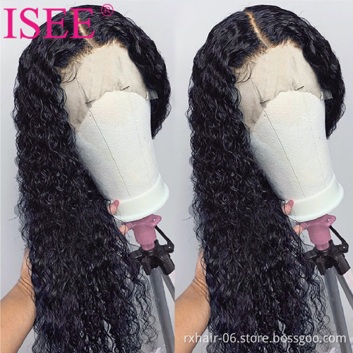 Factory brazilian human hair wigs HD transparent Swiss lace wig,deep wave cuticle aligned lace front glueless water wave wig